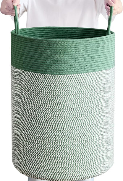 80L Extra Large Green Laundry Hamper Basket, Tall Woven Hamper for Bedroom, Cotton Rope Laundry Basket for Clothes, 16x22 Inches