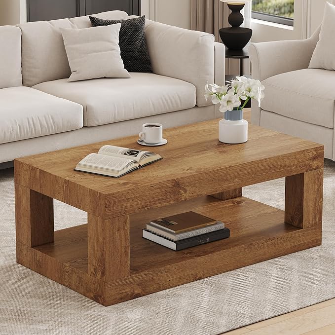 LKTART 39.37" Coffee Table with Storage, 2-Tier Mid Century Rectangular Accent Table with Thick Tabletop, Rustic Style Cocktail, Center Table for Living Room, Office, Apartment (Natural Wood)