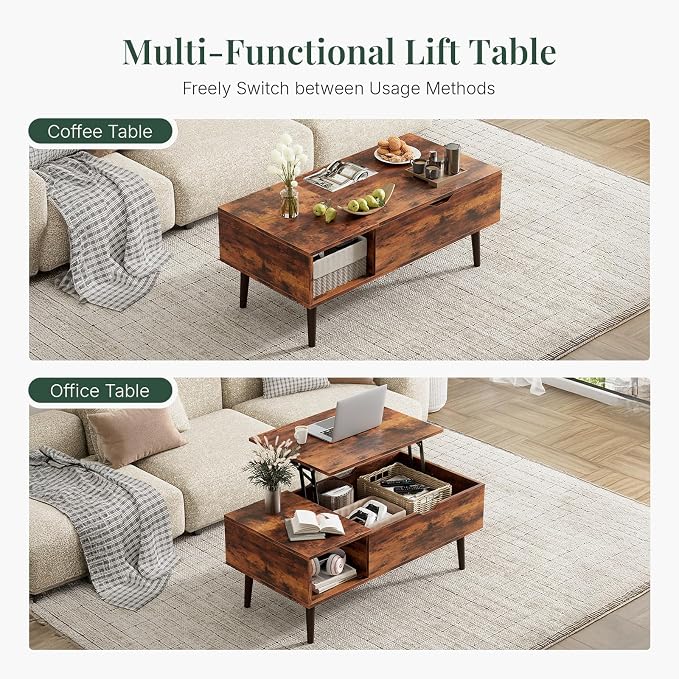 Wood Lift Top Coffee Table with Hidden Storage Compartment & Open Shelf, Multi-Functional Wooden Tabletop Dining Table for Living Room, Home Small Space