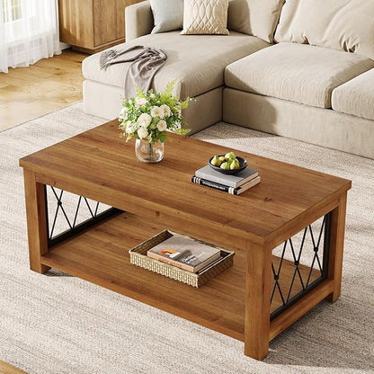 47.2" Solid Wood Coffee Table, Farmhouse Rectangular Center Table, 2-Tier Low Cocktail Tea Table, Rhomboid Metal Frame, Easy Assembly, for Living Room, Bedroom, Balcony & Office
