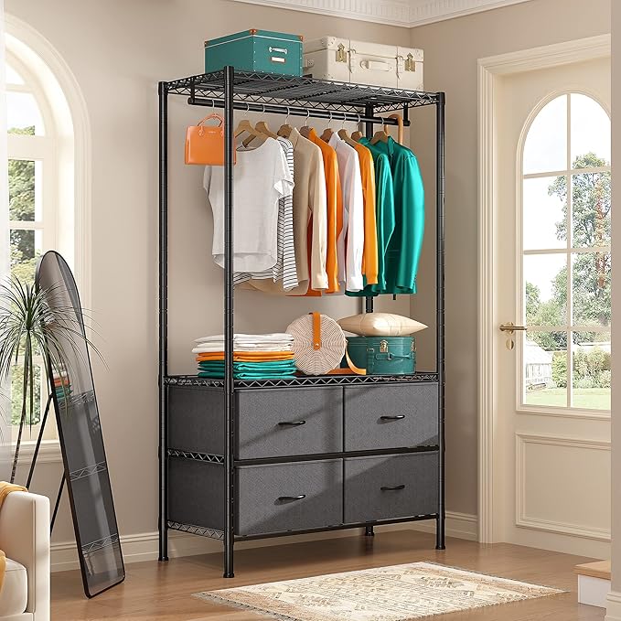 Raybee Clothes Rack with 4 Drawers and Shelves,Heavy Duty Clothing Rack for Hanging Clothes,Portable,Sturdy and Durable,Black