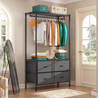 Raybee Clothes Rack with 4 Drawers and Shelves,Heavy Duty Clothing Rack for Hanging Clothes,Portable,Sturdy and Durable,Black