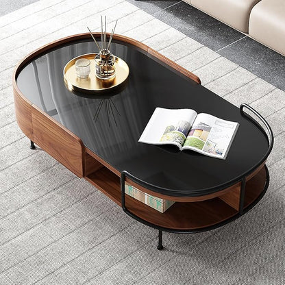 Lartis Oval Coffee Table in Walnut Black Glass Top Coffee Table - Living Room Table with Semi-Circular Storage,Multi Functional Marvel for Modern Living Room