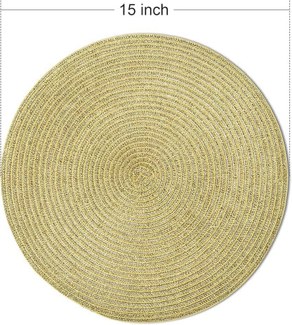 FunWheat Round Braided Placemats Set of 6 Table Mats for Dining Tables Woven Washable Non-Slip Place mats 15 inch(Shining Gold, 6pcs)