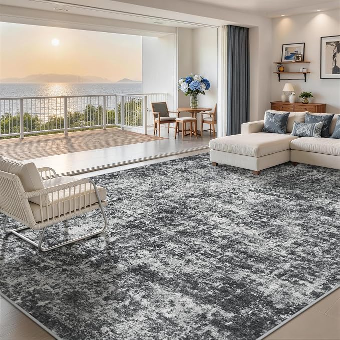 10x14 Area Rugs for Living Room Rug Washable: Abstract Large Rug Indoor Modern Carpet Non Slip for Dining Room Bedroom Nursery Home Office Black Grey
