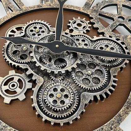 The B-Style Large Real Moving Gears Wall Clock 30 inch Rustic Retro Industrial Farmhouse Wood Clock Oversized Decorative Vintage Wall Clocks for Living Room (Drak Brown and Bronze)