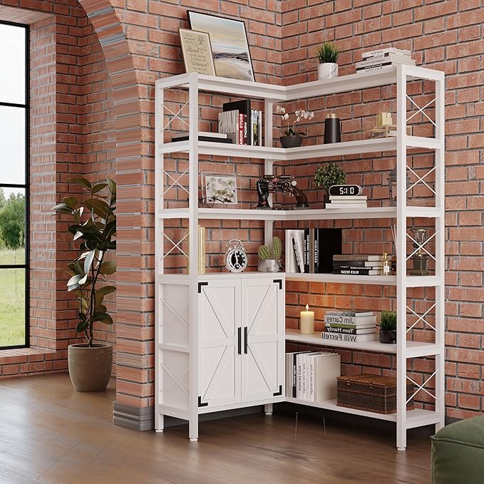 Jartoil Corner Bookshelves 6 Tier, Farmhouse Wooden Bookcases for Corner, L Shaped Etagere Bookshelf with Storage for Living Room Home Office
