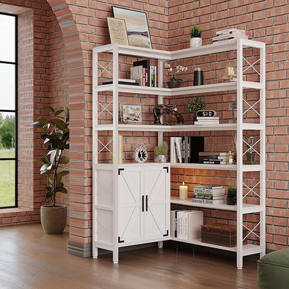 Jartoil Corner Bookshelves 6 Tier, Farmhouse Wooden Bookcases for Corner, L Shaped Etagere Bookshelf with Storage for Living Room Home Office