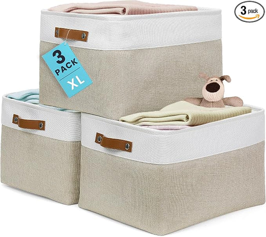 OrganiHaus 16x12.5in Canvas Storage Baskets 3 Pack | EXTRA LARGE Fabric Bins for Shelves | Linen Closet Organizer | Beige/Off-White