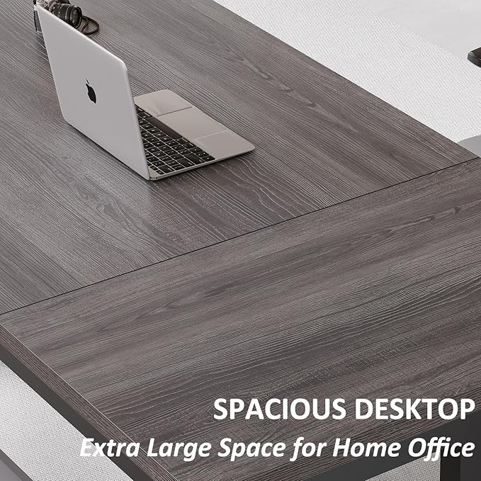 IBF Long Grey Computer Desk, Modern Large Wood Metal Office Desk, Industrial Pc Study Gaming Writing Table for 2 Person, Executive Workstation for Home Bedroom Living Room, Dark Gray, 70 Inch