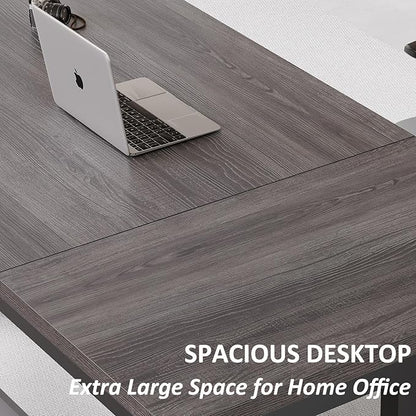 IBF Long Grey Computer Desk, Modern Large Wood Metal Office Desk, Industrial Pc Study Gaming Writing Table for 2 Person, Executive Workstation for Home Bedroom Living Room, Dark Gray, 70 Inch