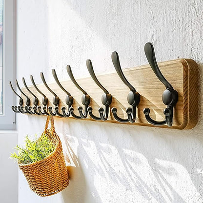 Dseap Coat Rack Wall - Heavy-Duty 38-1/4" Long, with Reinforced 10 Custom Tri-Hooks, Solid Wood Wall Hanger for Coats Hat Jackets - Rustic Farmhouse Entryway Storage,Weathered Brown & Black,Pack of 2