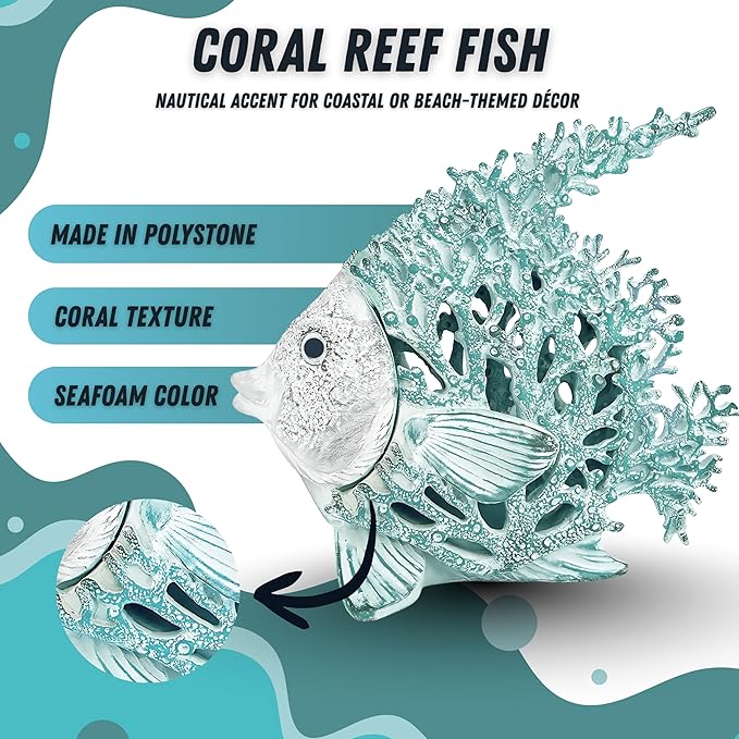 Ocean Decor Coral Reef Angelfish Sculpture Beach Home Decor Coastal Coral Look Tabletop Collection 12 in x 11 in (Seafoam)