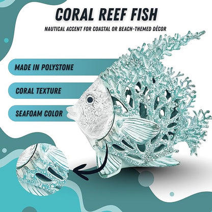 Ocean Decor Coral Reef Angelfish Sculpture Beach Home Decor Coastal Coral Look Tabletop Collection 12 in x 11 in (Seafoam)