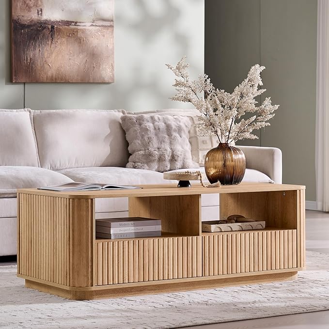 ACCOHOHO 51" Fluted Coffee Table with Storage, Large Modern Center Table with 2 Drawers, Rectangle Wood Coffee Table for Living Room, Natural Oak