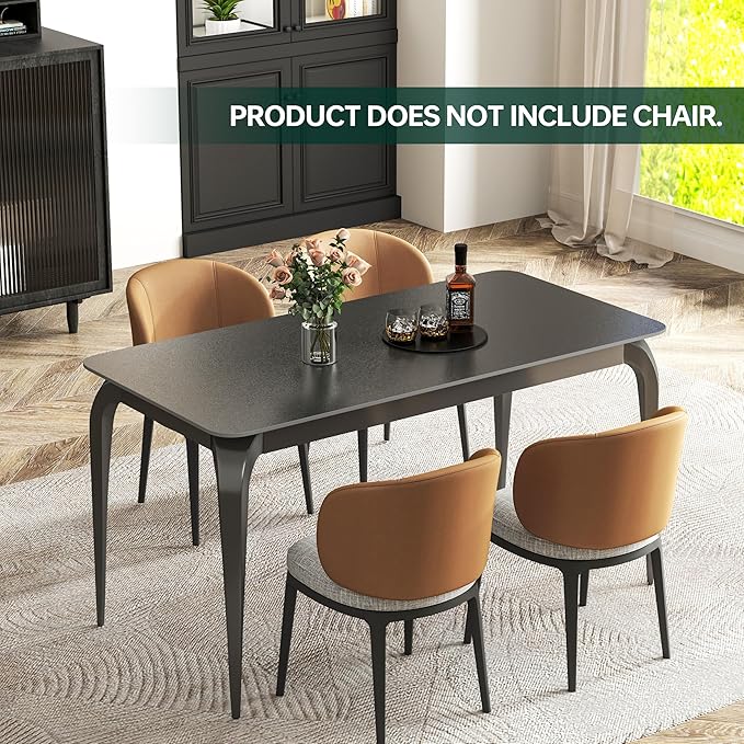 Dining Table, Sintered Stone Kitchen Table, 55'' Black Modern Rectangular Slate Patio Table with Metal Legs, Indoor Outdoor Stone Dining Table for Patio, Backyard, Scratch and Heat Resistant