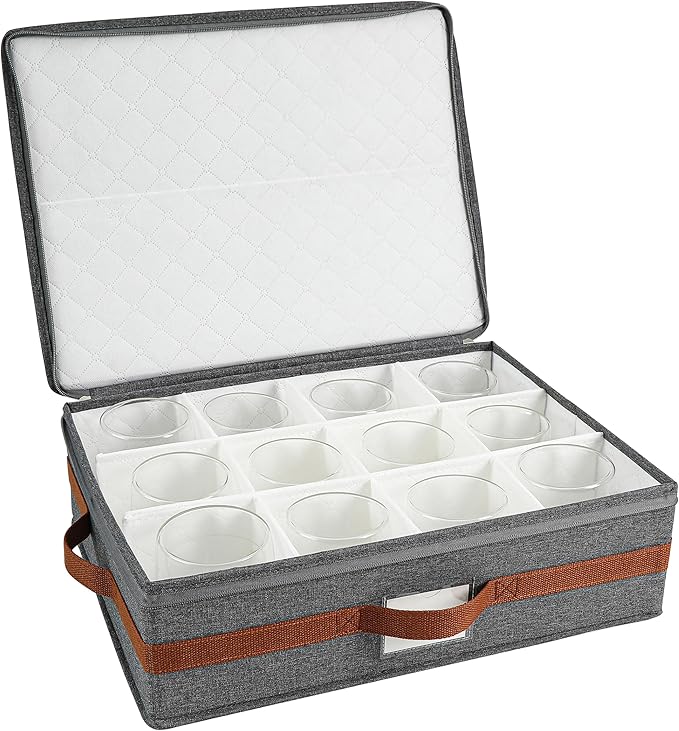 Mug storage box with divider, tea cup and coffee mug storage container with zipper cover and reinforced handle, hard shell, stackable, foldable (Grey red, Mug Storage Case)