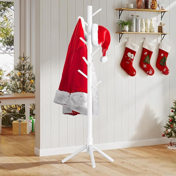 Wooden Coat Rack Stand, Freestanding Coat Rack with 8 Hooks, 3 Adjustable Size Coat Tree for Hats, Coats, Scarves bags, Coat Hanger Stand Used in Bedroom/Office/Entryway （White）