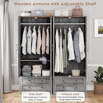 Brafab Armoire Wardrobe Closet with 2 Modern Doors, 71" Tall Freestanding Closet Wardrobe Cabinet with Drawers and Hanging Rail, Light Wooden Storage Cabinet with Shelve for Bedroom (Grey, 2 Doors)