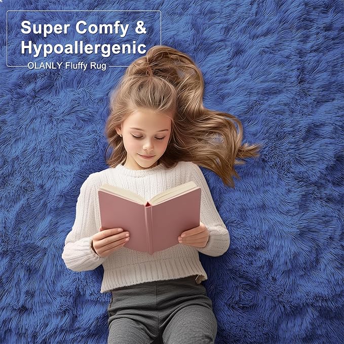 OLANLY 3x6 Machine Washable Runner Rugs for Hallway, Soft Fluffy Shaggy Bedside Rugs for Bedroom, Living Room, Indoor Floor Carpet for Kids Girls and Boys, Nursery Rooms, Home Decor, Navy Blue