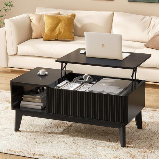 LYNCOHOME Fluted Coffee Table with Hidden Compartment, Wood Lift Top Coffee Tables, Modern Center Table for Living Room, Home Office, Black