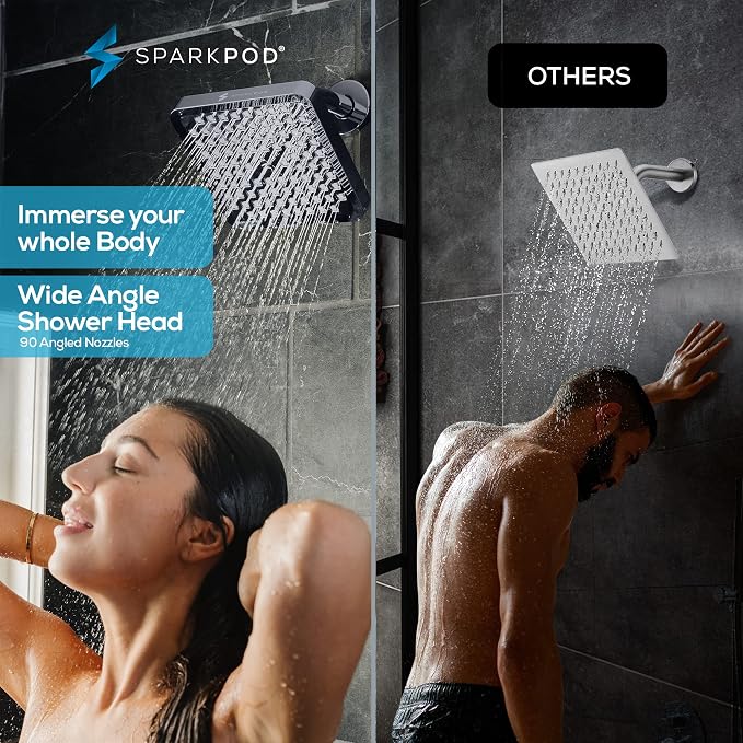 SparkPod Rain Shower Head, 8 Inch Square | High Pressure Shower Heads, 90 Nozzle (Touch-to-Clean), Adjustable Showerhead, No-tool Universal Connection
