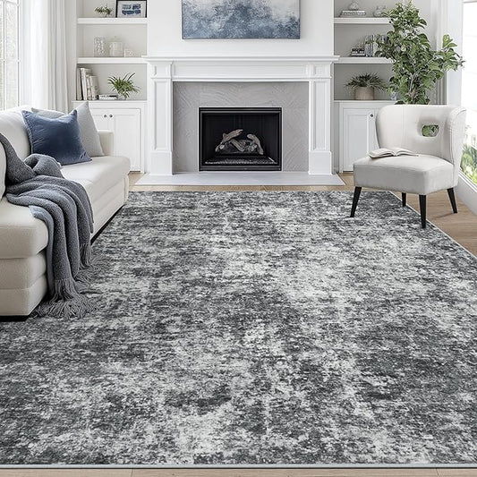 9x12 Area Rugs for Living Room Rug Washable: Abstract Large Rug for Dining Room Bedroom Carpet Non Slip 9 by 12 Indoor Modern Nursery Home Office Black Grey