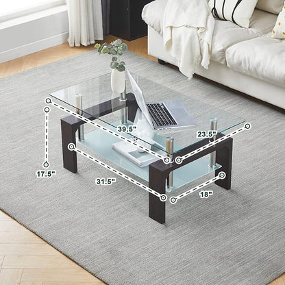 Btrpily Walnut Rectangular Coffee Table, 39.5in x 23.5in x 17.5in, Glass Tabletop with Lower Shelf, Adjustable Bottom Corners