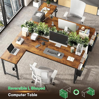 63 Inch L Shaped Desk Computer Desk with Power Outlets & 0.95 Inch Thicker Desktop, Gaming Desk with Storage Bag & Lights, Corner Desk, Reversible Office Desk for Living, Study,Bedroom,Brown
