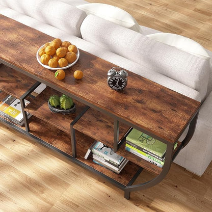 70.86" Extra Long Console Table Sofa Table & Storage Shelves Entryway Table Industrial TV Stand, Metal Frame Behind Couch Table for Foyer, Hallway, Entrance (Brown)