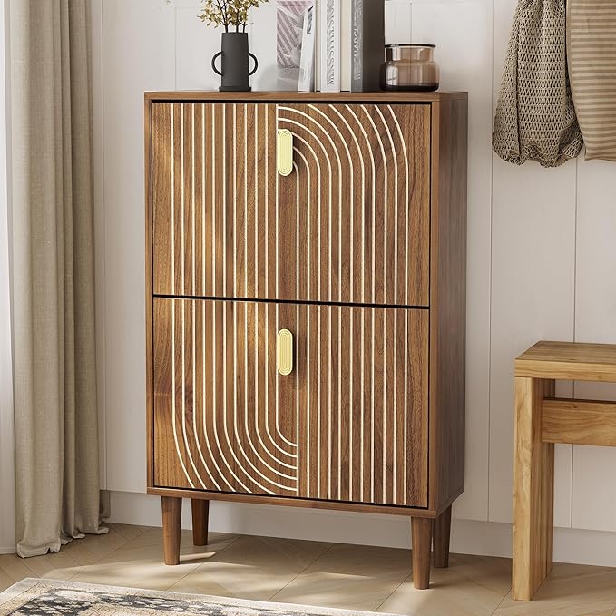Shoe Storage Cabinet with 2 Flip Drawers, 23.6"(W) Freestanding Shoe Organizer with Metal Handles for Entryway, Narrow Shoe Rack Cabinet