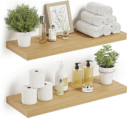 Vivelove Floating Shelves 24 inchs Long, Bathroom Shelves Over Toilet 9.1” Deep, Wall Mounted Wall Shelves for Bedroom, Living Room, Kitchen, Office, Rustic Home Decor, Oak, Set of 2