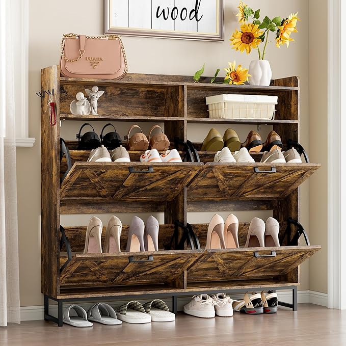 Shoe Cabinet with 4 Flip Drawers Narrow Shoe Storage Cabinet Organizer Wooden Freestanding Shoe Rack Hidden Slim Shoes Storage Cabinet for Entryway, Hallway, Living Room, Bedroom