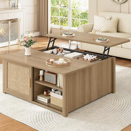SEDETA 31.5" Lift Top Coffee Table with Storage, Square Coffee Tables for Living Room, Farmhouse Coffee Table with Large Hidden Storage Compartment and Adjustable Shelves, Rattan Oak