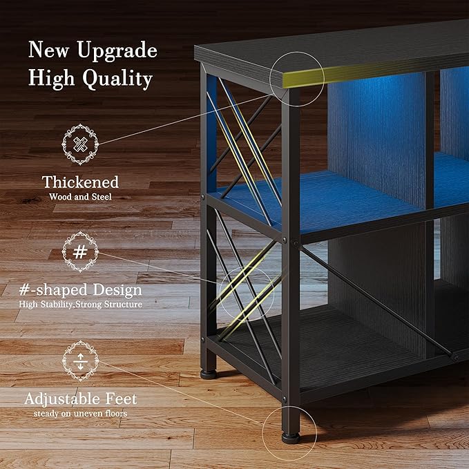 8 Cube Storage Organizer with LED Light and Charging Station, Wood and Metal Cube Shelf, Long Horizontal Book Shelf for Bedroom, Home Office, Black