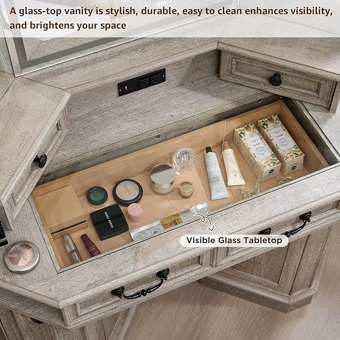 T4TREAM Makeup Vanity Desk 48" with 3 Way Mirror and Lights, Large Farmhouse Corner Vanity Dressing Table with Glass Top & Charging Station, 3 Drawers & 2 Storage Cabinets, Light Rustic Oak