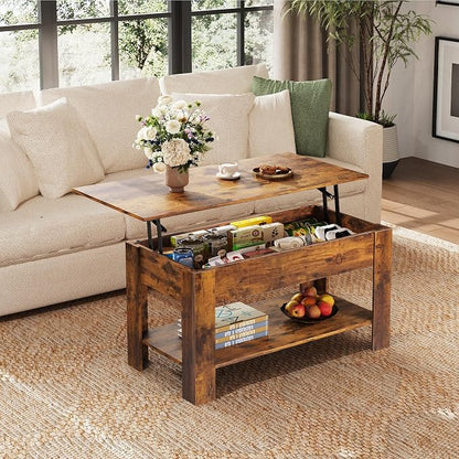 WLIVE Coffee Table, 39" Lift Top Coffee Table with Hidden Compartment, Storage Shelf and Lifting Top for Home Living Room, Office and Reception Room, Rustic Brown