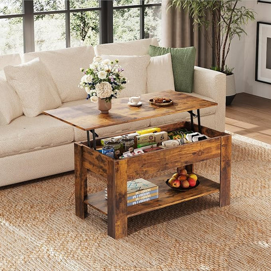 WLIVE Coffee Table, 39" Lift Top Coffee Table with Hidden Compartment, Storage Shelf and Lifting Top for Home Living Room, Office and Reception Room, Rustic Brown