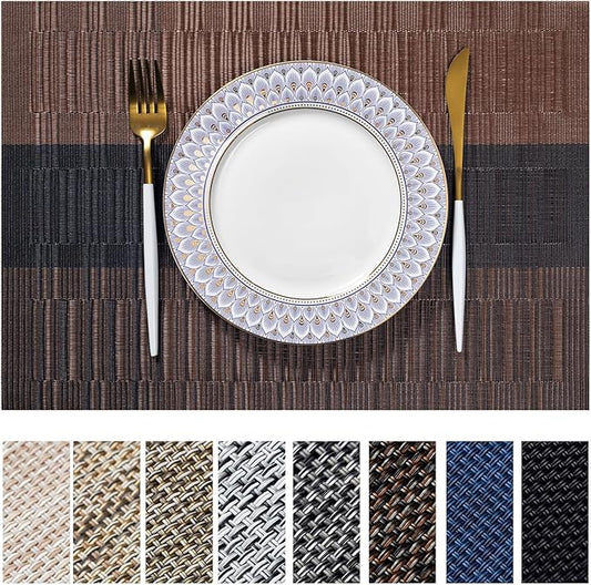 LEXMORE Placemats Set of 8 Vinyl/Plastic Woven Place Mats for Kitchen Table Indoor/Outdoor Washable Placemat Wipeable Dining Table Mats(Ombre Brown Black)