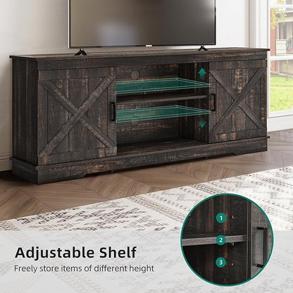 YITAHOME Farmhouse TV Stand for 65 Inch TV, Mid Century Modern Entertainment Center with Double Barn Doors, Rustic TV Media Console TV Cabinet for Living Room, Dark Oak