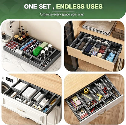 9-Pack Solid Wood Junk Drawer Organizer, Modular Desk Drawer Tray & Accessories with Non-Slip Pad, Multi-Use for Kitchen, Office, Bedroom Dresser, Utensil, Makeup, Stationery, Tea Bags & Coffee Pod
