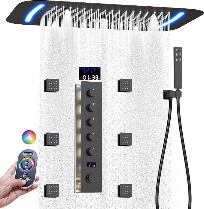 AYIVG Oil Rubbed Bronze Thermostatic Rainfall Shower Mixer System Set 16 x 26 Inch Full Body Shower Jets System 64 Color LED Shower Faucets Sets Complete Temperature Display Shower System Set