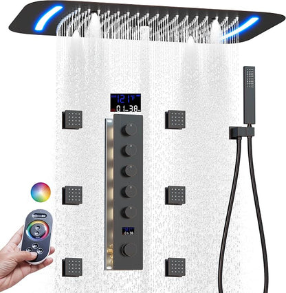 AYIVG Oil Rubbed Bronze Thermostatic Rainfall Shower Mixer System Set 16 x 26 Inch Full Body Shower Jets System 64 Color LED Shower Faucets Sets Complete Temperature Display Shower System Set