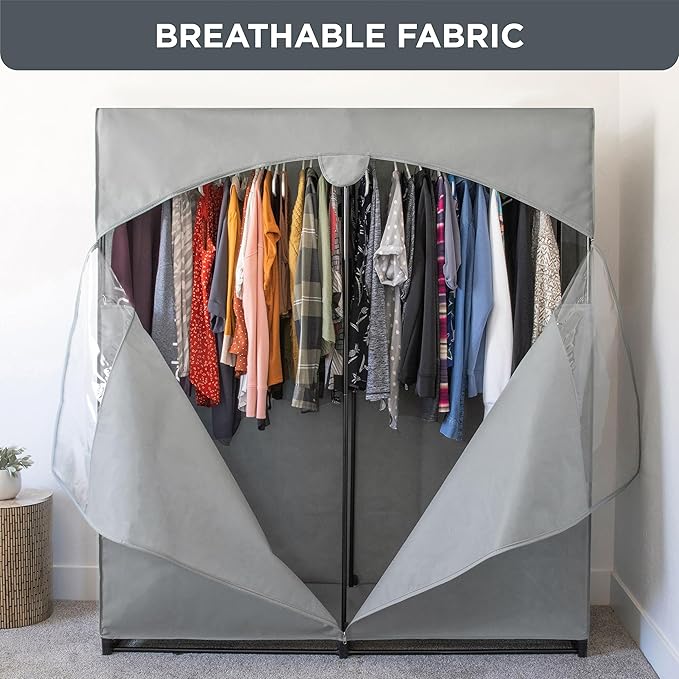 HOLDN’ STORAGE Portable Wardrobe Closet - 65 lb Large Capacity, Internal Heavy Duty Metal Rod, Zipper & Clear Window, Durable Clothes Organizer, Tool-Free Easy Assembly, Dark Gray Canvas Cover