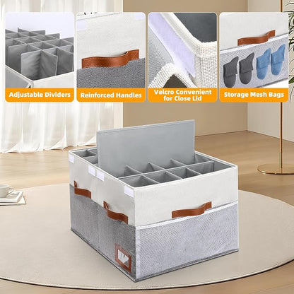 Supowin Shoe Organizer for Closet, Foldable Shoe Storage Bins with Lid & Adjustable Dividers, Fabric Shoe Box Storage Containers with Four Reinforced Handles, Fits 20 Pairs, 1 Pack, Grey
