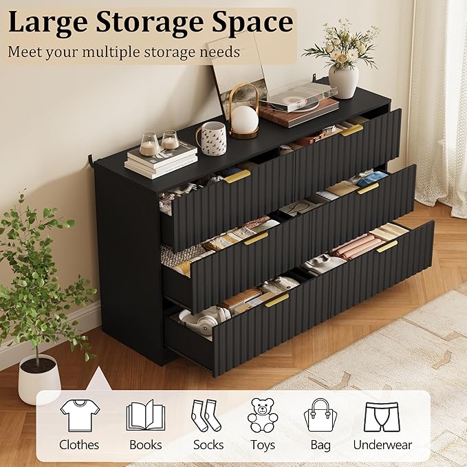 Fluted 6 Drawers Dresser for Bedroom, 55" Wide Wood Dressers Chest of Drawers with Metal Handle, Modern Dresser TV Stand Storage Organizer for Living Room, Entryway, Black