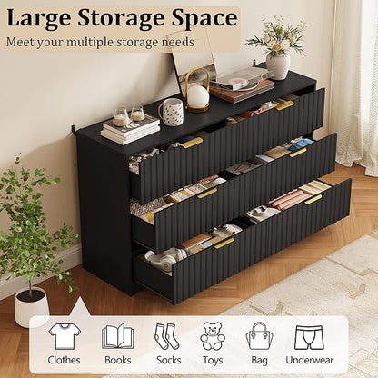 Fluted 6 Drawers Dresser for Bedroom, 55" Wide Wood Dressers Chest of Drawers with Metal Handle, Modern Dresser TV Stand Storage Organizer for Living Room, Entryway, Black