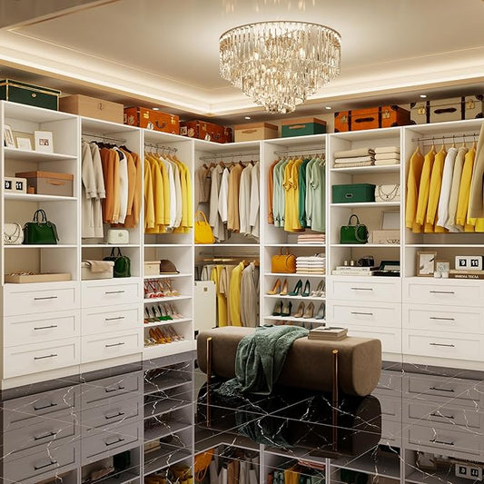 Vomavex Closet System with 4 sets, 101.9" Closet Organizer Systems with 6 Drawers & 8 Hanging Rods & Adjustable Shelves, Walk in Closet Standing Closet System, Corner Closet System Set, White