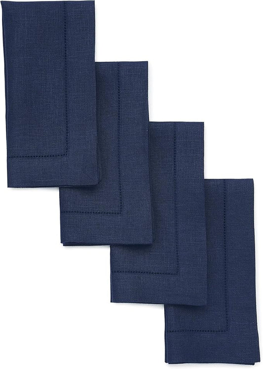 Solino Home Navy Blue Linen Napkins Set of 4-100% Pure Linen Hemstitch Dinner Napkins 20 x 20 Inch for Winter, Easter - Classic Hemstitch