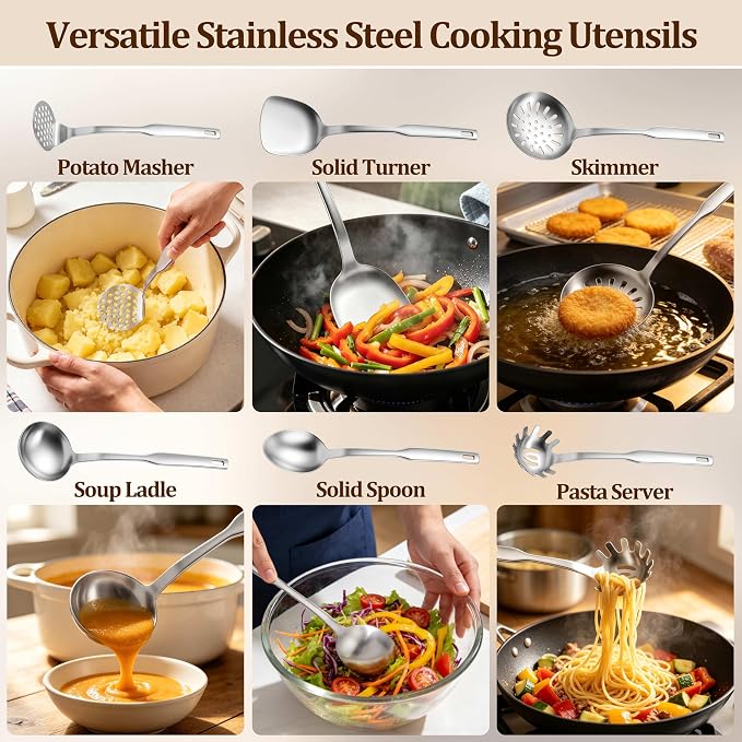 TeamFar Stainless Steel Cooking Utensils Set, 7 Pcs Kitchen Utensils, Heat Resistant Metal Kitchen Tools Include Solid & Slotted Turner/Spoon/Ladle/Skimmer/Pasta Server/Potato Masher, Dishwasher Safe